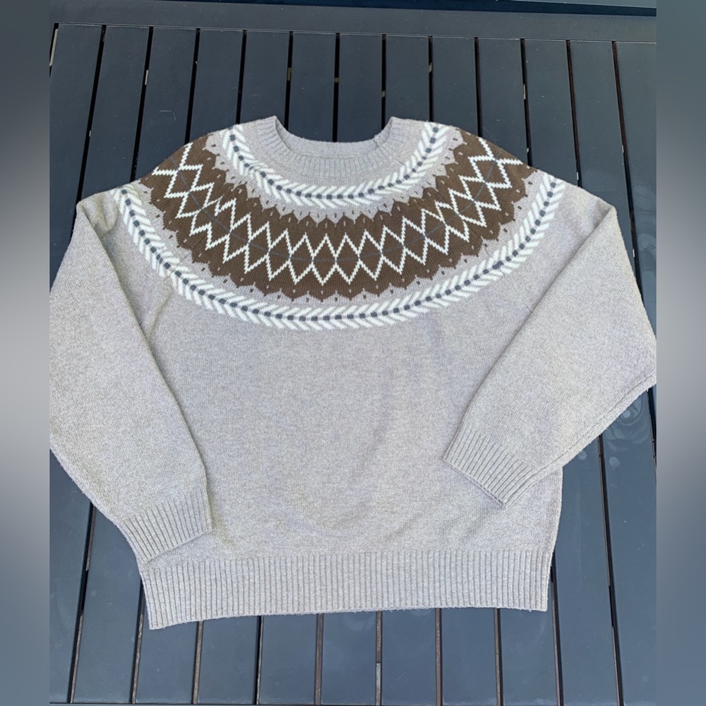 Weatherproof Vintage Women's Fairisle Ribbed Cuffs & Hem Sweater M Tan Brown